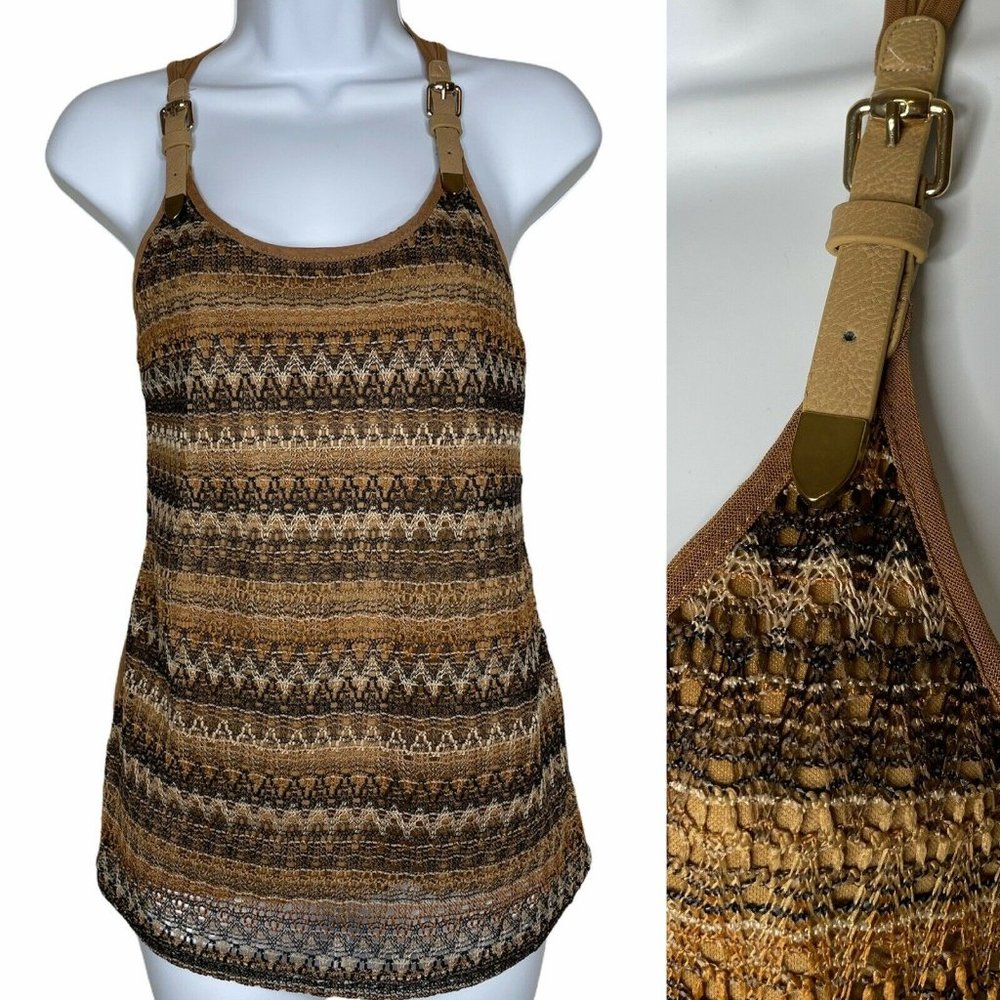 YA Los Angeles Wms Sz S Buckle Strap Brown Black Lace Tank Top EUC